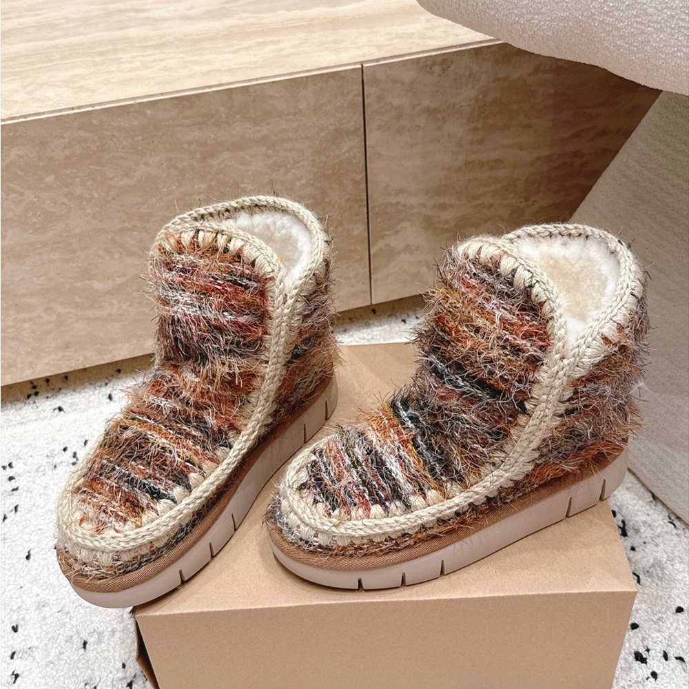 Mou Mou Fuzzy Multicolor Knit Ankle Booties in Cream Trim